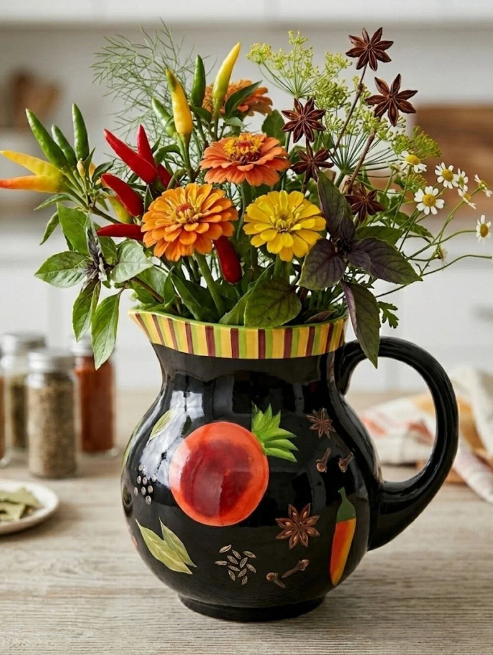 Crate & Barrel Ceramic Fruit & Chili Pepper Pitcher - Black